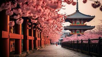 foto de Cereza flores y el sensoji templo en asakusa, tokio, Japón, generado por ai