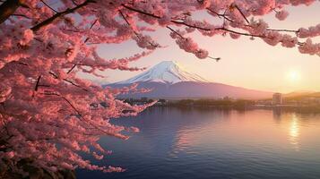 Photo of cherry blossoms and Mount Fuji in spring, Japan, generated by AI