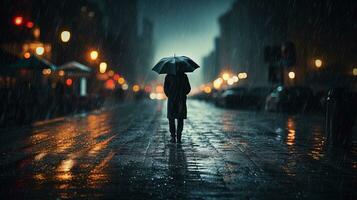 un foto de un hombre con un paraguas en el medio de pesado lluvia, generado por ai