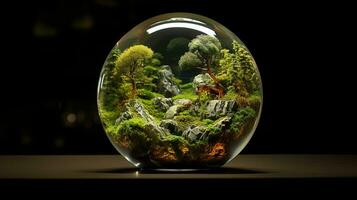 Glass ball with a forest inside, generated by AI photo