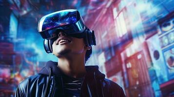 A man wearing VR with a blue technology background, generated by AI photo