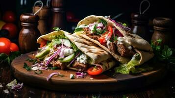 Photo of Greek gyros wrapped in pita bread with vegetables and sauce on a dark wooden background, generated by AI
