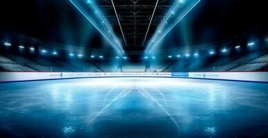 hockey estadio, vacío Deportes arena con hielo pista, frío antecedentes con brillante Encendiendo - ai generado imagen foto