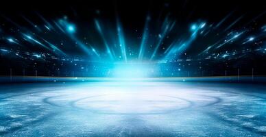 hockey estadio, vacío Deportes arena con hielo pista, frío antecedentes con brillante Encendiendo - ai generado imagen foto