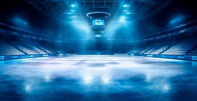 Hockey stadium, empty sports arena with ice rink, cold background with bright lighting - image photo