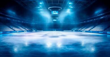 hockey estadio, vacío Deportes arena con hielo pista, frío antecedentes con brillante Encendiendo - ai generado imagen foto