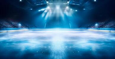 Hockey stadium, empty sports arena with ice rink, cold background with bright lighting - image photo