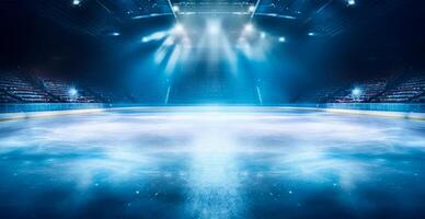 Hockey stadium, empty sports arena with ice rink, cold background with bright lighting - AI generated image photo