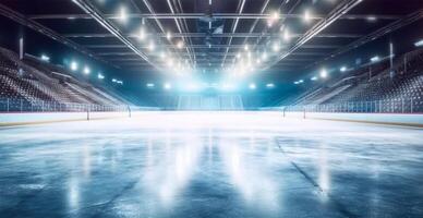 hockey estadio, vacío Deportes arena con hielo pista, frío antecedentes con brillante Encendiendo - ai generado imagen foto