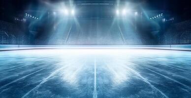 Hockey stadium, empty sports arena with ice rink, cold background with bright lighting - image photo