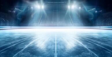 hockey estadio, vacío Deportes arena con hielo pista, frío antecedentes con brillante Encendiendo - ai generado imagen foto