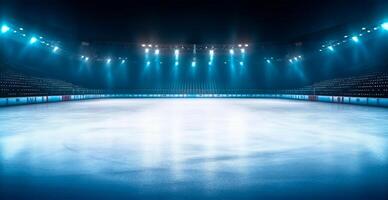 hockey estadio, vacío Deportes arena con hielo pista, frío antecedentes con brillante Encendiendo - ai generado imagen foto