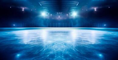 Hockey stadium, empty sports arena with ice rink, cold background with bright lighting - AI generated image photo