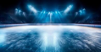 hockey estadio, vacío Deportes arena con hielo pista, frío antecedentes con brillante Encendiendo - ai generado imagen foto