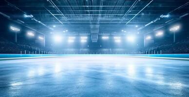 Hockey stadium, empty sports arena with ice rink, cold background with bright lighting - image photo
