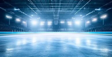 hockey estadio, vacío Deportes arena con hielo pista, frío antecedentes con brillante Encendiendo - ai generado imagen foto