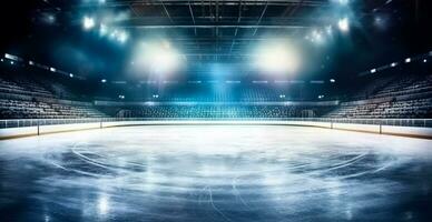 Hockey stadium, empty sports arena with ice rink, cold background with bright lighting - AI generated image photo