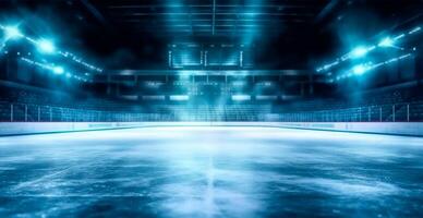 Hockey stadium, empty sports arena with ice rink, cold background with bright lighting - AI generated image photo