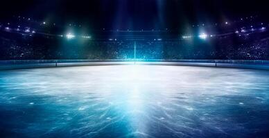 hockey estadio, vacío Deportes arena con hielo pista, frío antecedentes con brillante Encendiendo - ai generado imagen foto