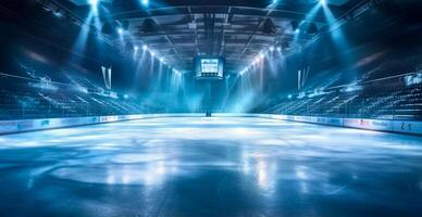 hockey estadio, vacío Deportes arena con hielo pista, frío antecedentes con brillante Encendiendo - ai generado imagen foto