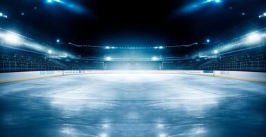 Hockey stadium, empty sports arena with ice rink, cold background with bright lighting - image photo