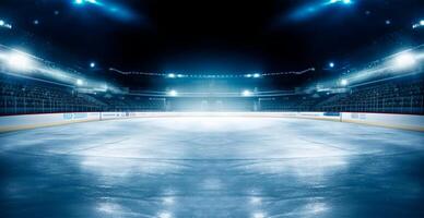 hockey estadio, vacío Deportes arena con hielo pista, frío antecedentes con brillante Encendiendo - ai generado imagen foto