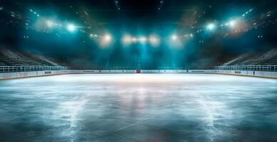 hockey estadio, vacío Deportes arena con hielo pista, frío antecedentes con brillante Encendiendo - ai generado imagen foto