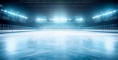 hockey estadio, vacío Deportes arena con hielo pista, frío antecedentes con brillante Encendiendo - ai generado imagen foto