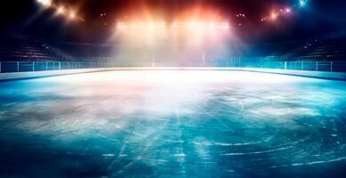 hockey estadio, vacío Deportes arena con hielo pista, frío antecedentes con brillante Encendiendo - ai generado imagen foto