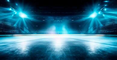 hockey estadio, vacío Deportes arena con hielo pista, frío antecedentes con brillante Encendiendo - ai generado imagen foto