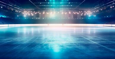 hockey estadio, vacío Deportes arena con hielo pista, frío antecedentes con brillante Encendiendo - ai generado imagen foto