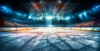 hockey estadio, vacío Deportes arena con hielo pista, frío antecedentes con brillante Encendiendo - ai generado imagen foto