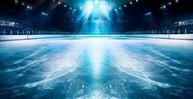 hockey estadio, vacío Deportes arena con hielo pista, frío antecedentes con brillante Encendiendo - ai generado imagen foto