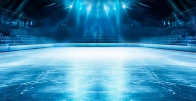 Hockey stadium, empty sports arena with ice rink, cold background with bright lighting - image photo