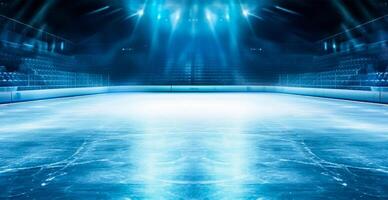 hockey estadio, vacío Deportes arena con hielo pista, frío antecedentes con brillante Encendiendo - ai generado imagen foto