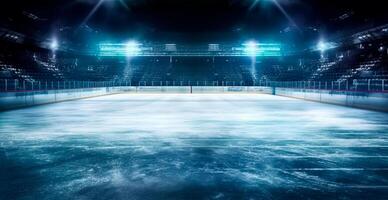 hockey estadio, vacío Deportes arena con hielo pista, frío antecedentes con brillante Encendiendo - ai generado imagen foto