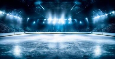 Hockey stadium, empty sports arena with ice rink, cold background with bright lighting - image photo