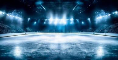 hockey estadio, vacío Deportes arena con hielo pista, frío antecedentes con brillante Encendiendo - ai generado imagen foto