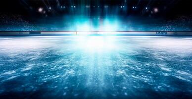 hockey estadio, vacío Deportes arena con hielo pista, frío antecedentes con brillante Encendiendo - ai generado imagen foto