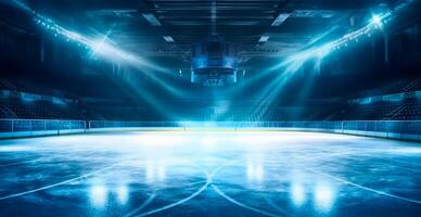 hockey estadio, vacío Deportes arena con hielo pista, frío antecedentes con brillante Encendiendo - ai generado imagen foto