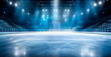 hockey estadio, vacío Deportes arena con hielo pista, frío antecedentes con brillante Encendiendo - ai generado imagen foto