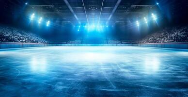 hockey estadio, vacío Deportes arena con hielo pista, frío antecedentes con brillante Encendiendo - ai generado imagen foto