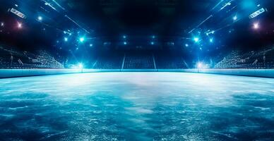 hockey estadio, vacío Deportes arena con hielo pista, frío antecedentes con brillante Encendiendo - ai generado imagen foto