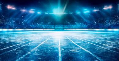 hockey estadio, vacío Deportes arena con hielo pista, frío antecedentes con brillante Encendiendo - ai generado imagen foto