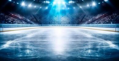 Hockey stadium, empty sports arena with ice rink, cold background with bright lighting - AI generated image photo