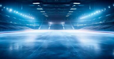 hockey estadio, vacío Deportes arena con hielo pista, frío antecedentes con brillante Encendiendo - ai generado imagen foto