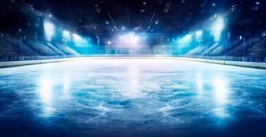 hockey estadio, vacío Deportes arena con hielo pista, frío antecedentes con brillante Encendiendo - ai generado imagen foto