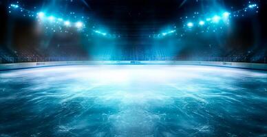 Hockey stadium, empty sports arena with ice rink, cold background with bright lighting - image photo