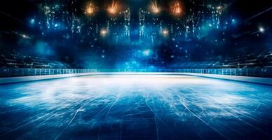 hockey estadio, vacío Deportes arena con hielo pista, frío antecedentes con brillante Encendiendo - ai generado imagen foto