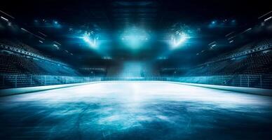 hockey estadio, vacío Deportes arena con hielo pista, frío antecedentes con brillante Encendiendo - ai generado imagen foto